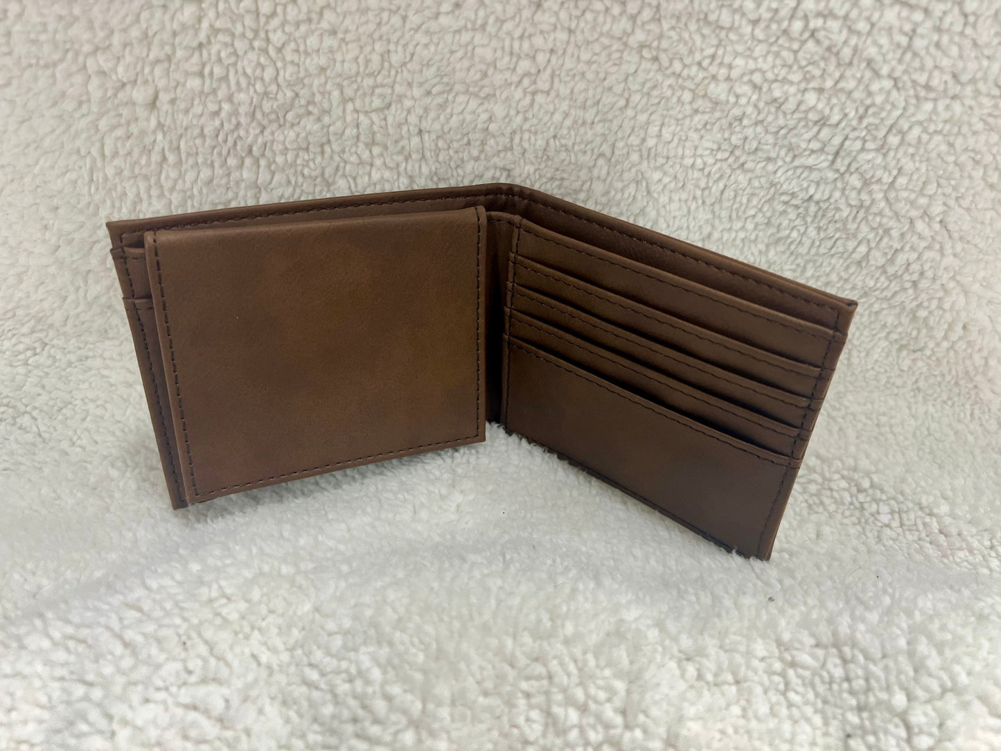 Personalized Bifold leatherette wallet with flip up id holder. Pre made designs and personalization options available