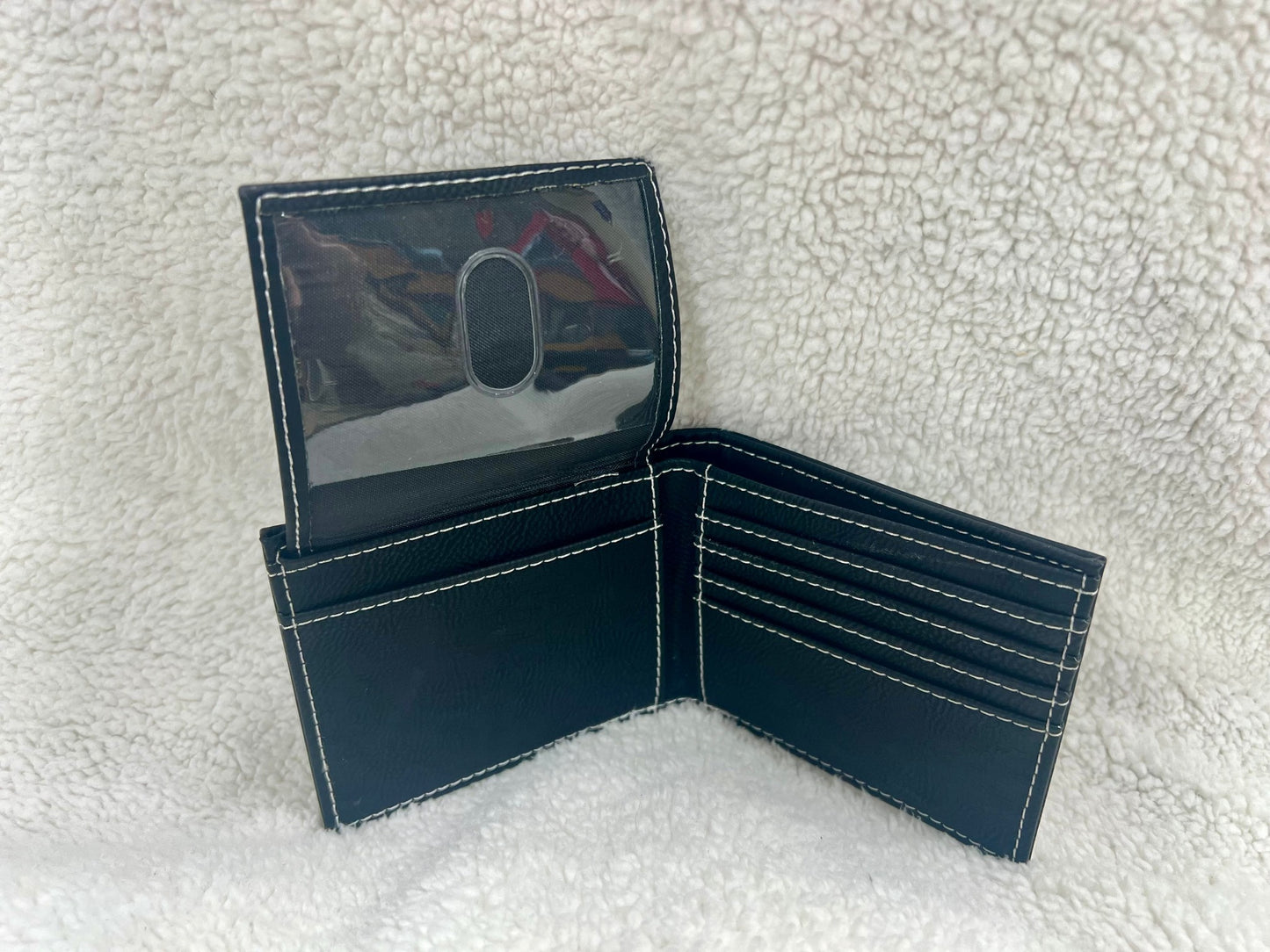 Personalized Bifold leatherette wallet with flip up id holder. Pre made designs and personalization options available