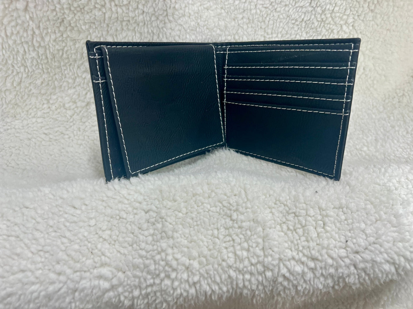 Personalized Bifold leatherette wallet with flip up id holder. Pre made designs and personalization options available