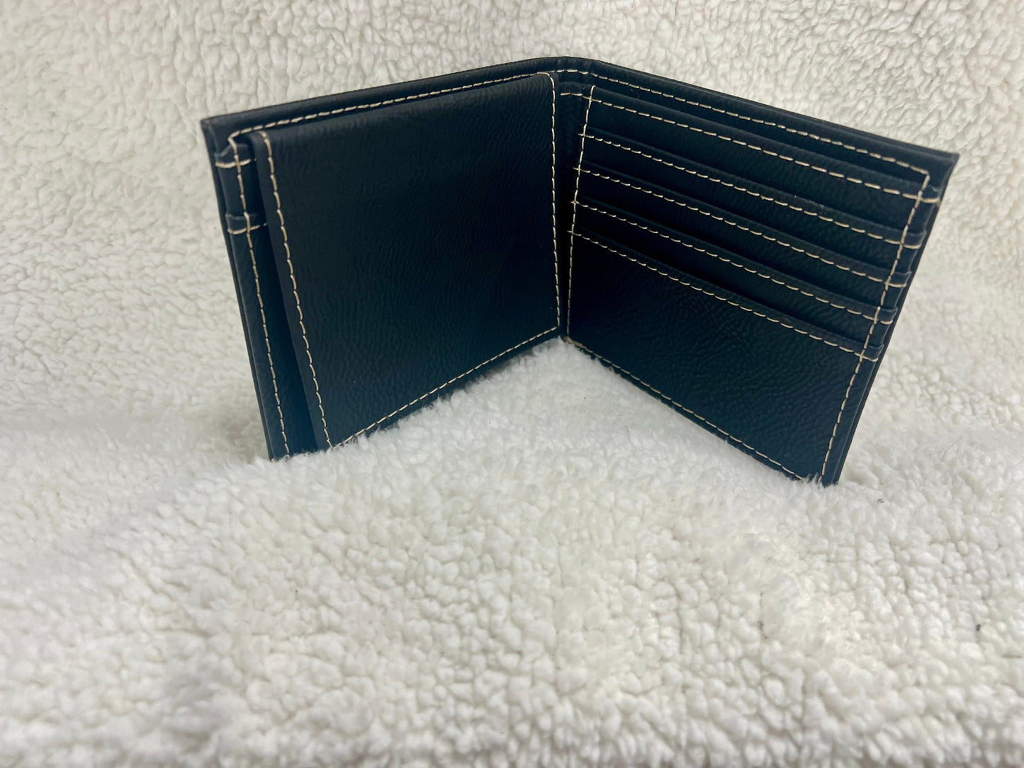 Personalized Bifold leatherette wallet with flip up id holder. Pre made designs and personalization options available