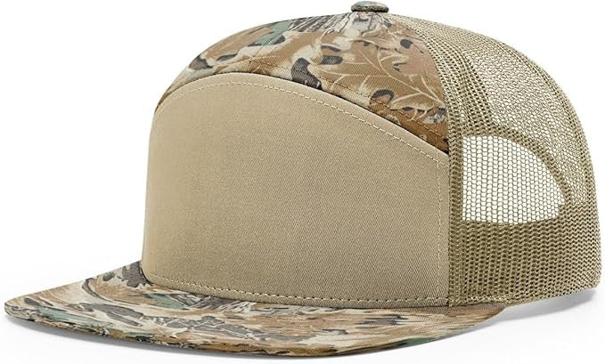 Richardson 168 7-panel trucker hat in Advanced camo with khaki mesh back and flat bill, perfect for custom leather patch branding.