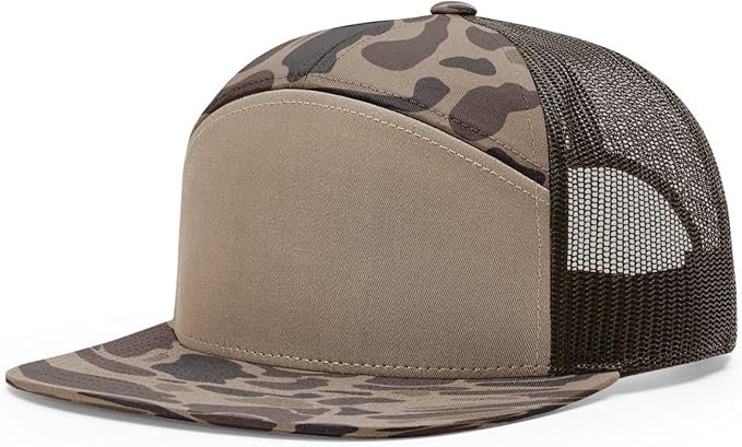 Richardson 168 7-panel trucker hat in bark duck camo with black mesh back and flat bill, ideal for custom leather patch personalization.