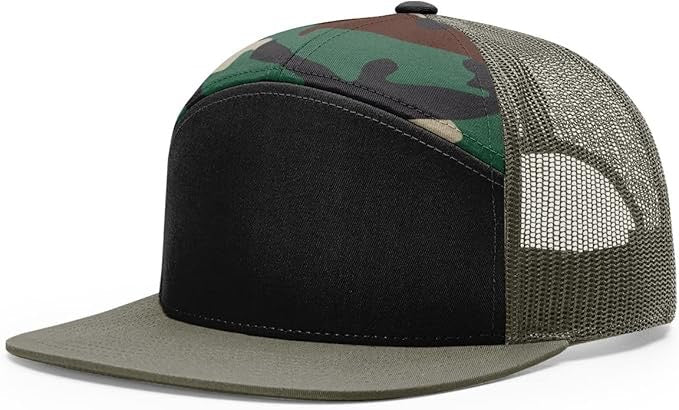 Richardson 168 7-panel trucker hat with black front panel, camo top, loden mesh back, and flat bill – ideal for custom leather patch personalization.
