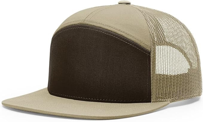 Richardson 168 7-panel trucker hat with brown front panel, khaki crown, khaki mesh back, and flat bill, perfect for custom leather patch branding.