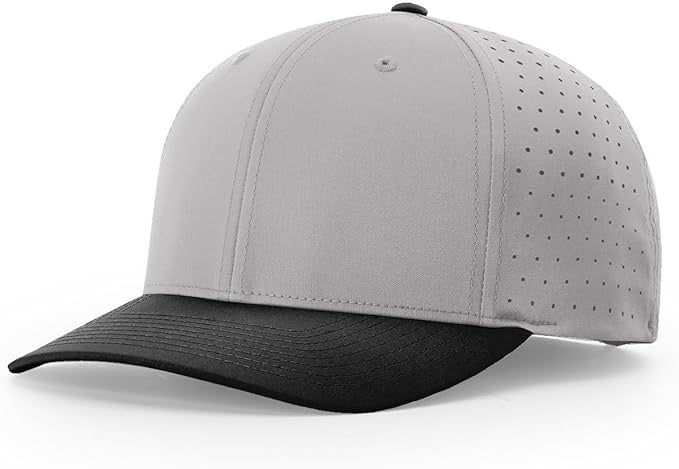 Richardson laser perforated snapback hat with light gray crown, black curved bill, and ventilated side panels, perfect for custom leather patch branding.