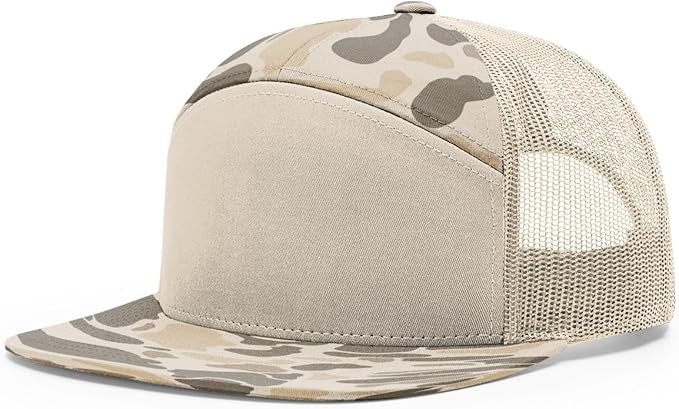 Richardson 168 7-panel trucker hat in harvest duck camo with sandstone mesh back and flat bill, ideal for custom leather patch branding.