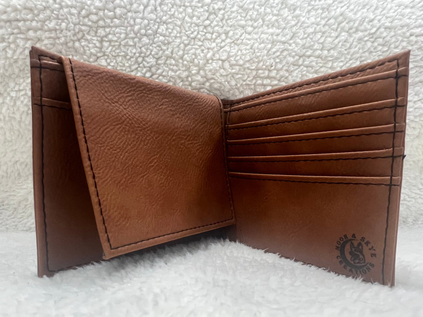 Personalized Bifold leatherette wallet with flip up id holder. Pre made designs and personalization options available
