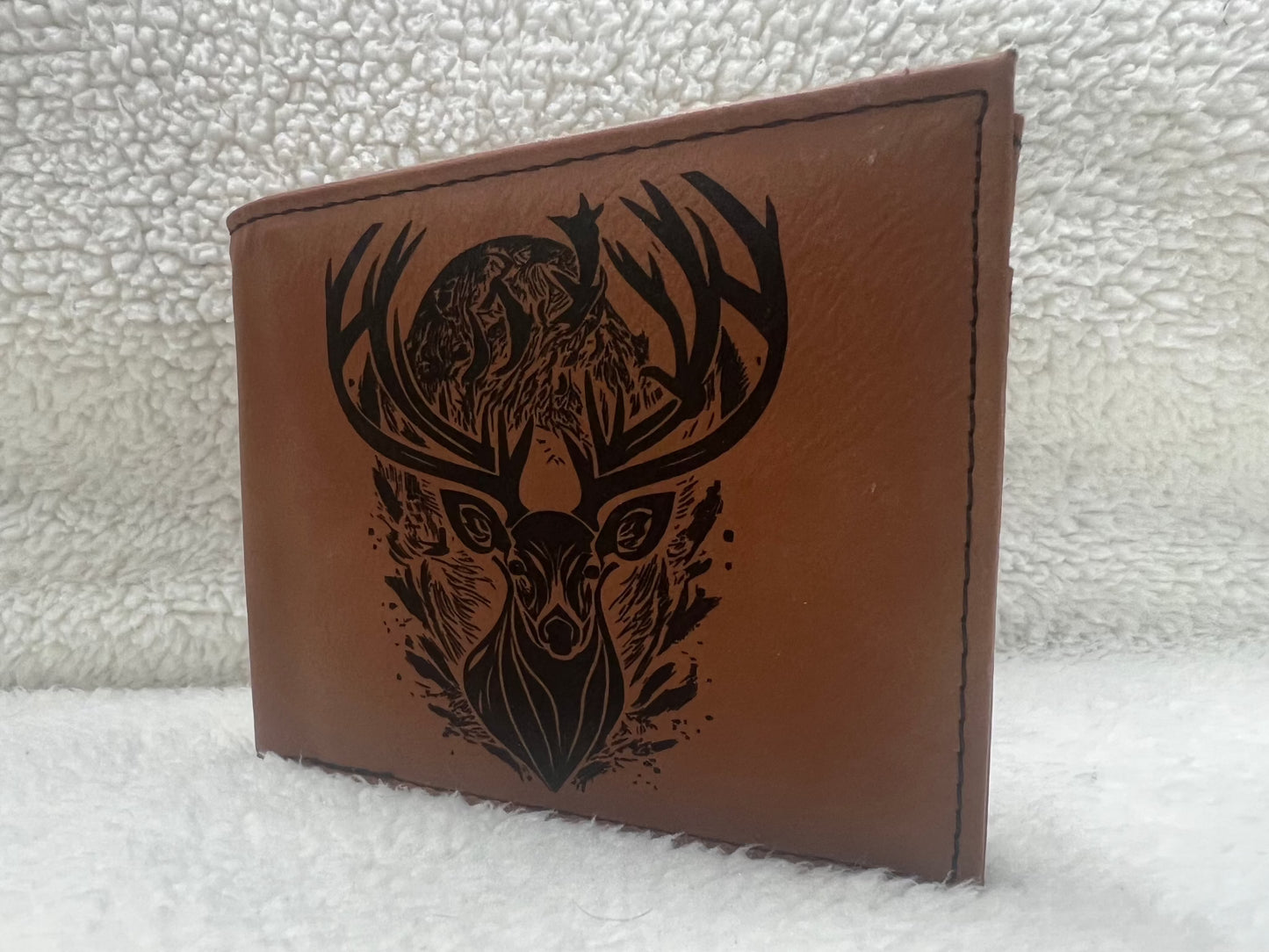 Personalized Bifold leatherette wallet with flip up id holder. Pre made designs and personalization options available