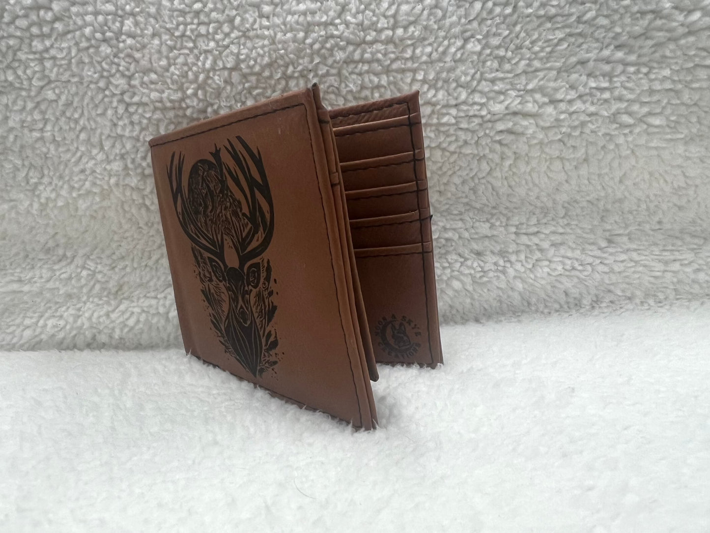 Personalized Bifold leatherette wallet with flip up id holder. Pre made designs and personalization options available