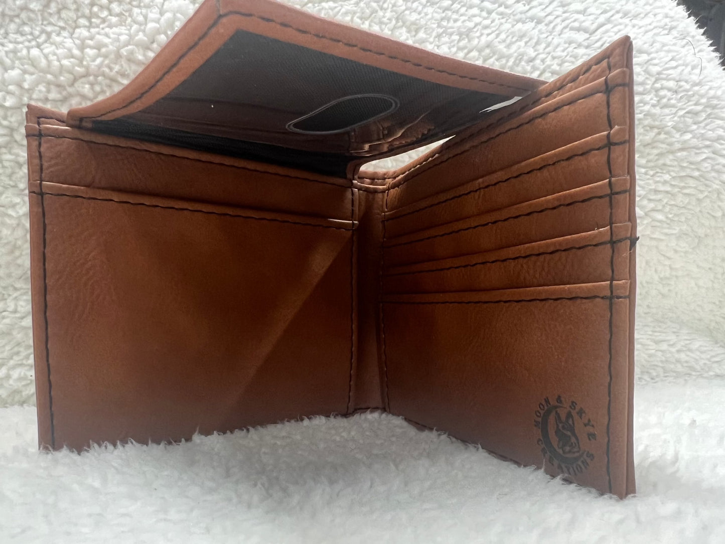 Personalized Bifold leatherette wallet with flip up id holder. Pre made designs and personalization options available