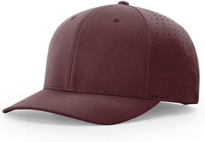 Richardson laser perforated snapback hat in solid maroon with curved bill and ventilated side panels, ideal for custom leather patch personalization.