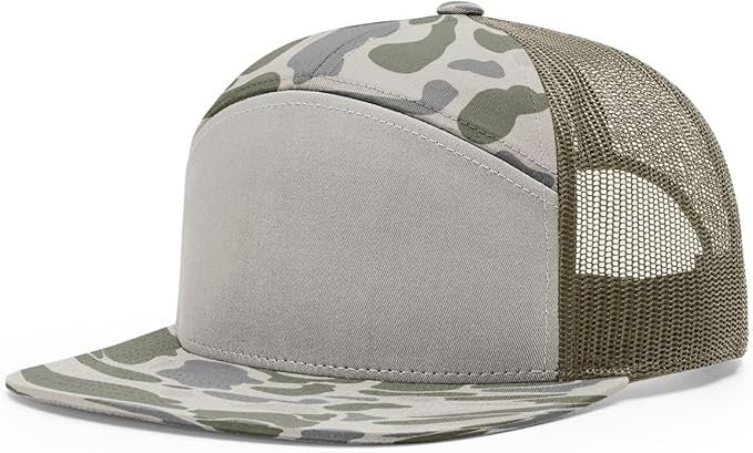 Richardson 168 7-panel trucker hat in marsh duck camo with loden green mesh back and flat bill, perfect for custom leather patch branding.