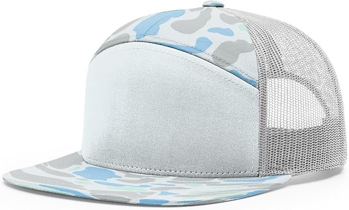 Richardson 168 7-panel trucker hat with light blue and gray camo pattern, mesh back, and flat bill – ideal for custom leather patch branding.