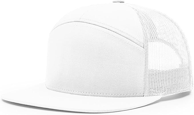 Richardson 168 7-panel trucker hat in solid white with mesh back and flat bill, perfect for custom leather patch personalization.