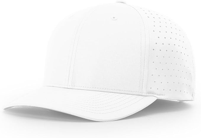 Richardson laser perforated snapback hat in solid white with curved bill and ventilated side panels, perfect for custom leather patch personalization.