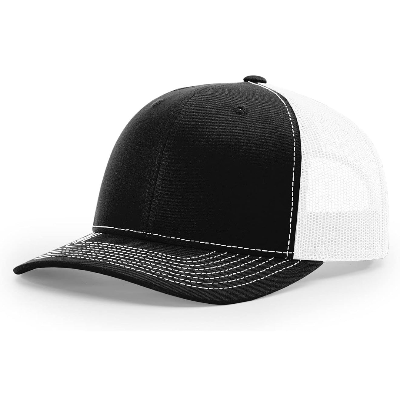Black and white trucker hat with a structured black front panel and white mesh back, featuring a curved brim with prominent white stitching along the visor and crown seams.