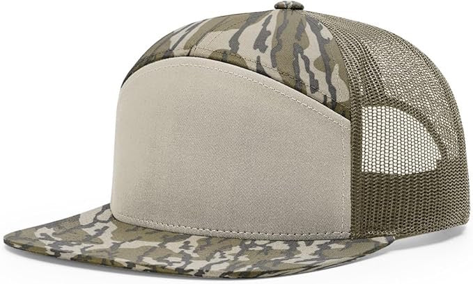 Richardson 168 7-panel trucker hat in Bottomland camo with loden mesh back and flat bill, ideal for custom leather patch personalization.