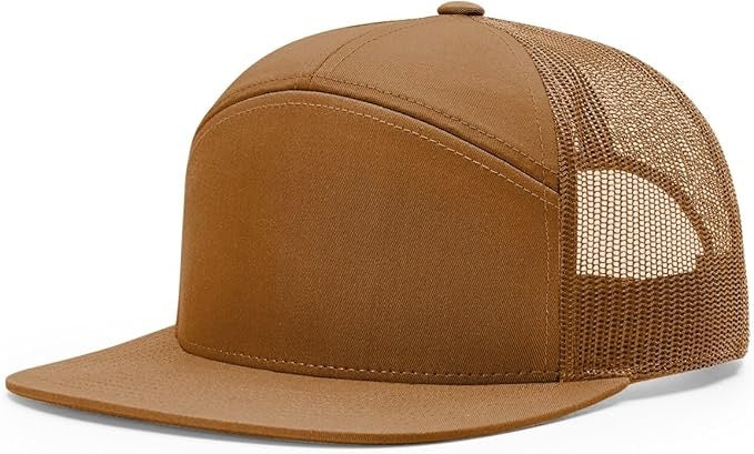 Richardson 168 7-panel trucker hat in caramel brown with matching mesh back and flat bill, ideal for custom leather patch personalization.