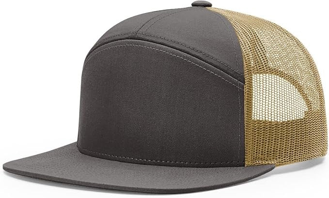 Richardson 168 7-panel trucker hat in charcoal gray with old gold mesh back and flat bill, ideal for custom leather patch branding.