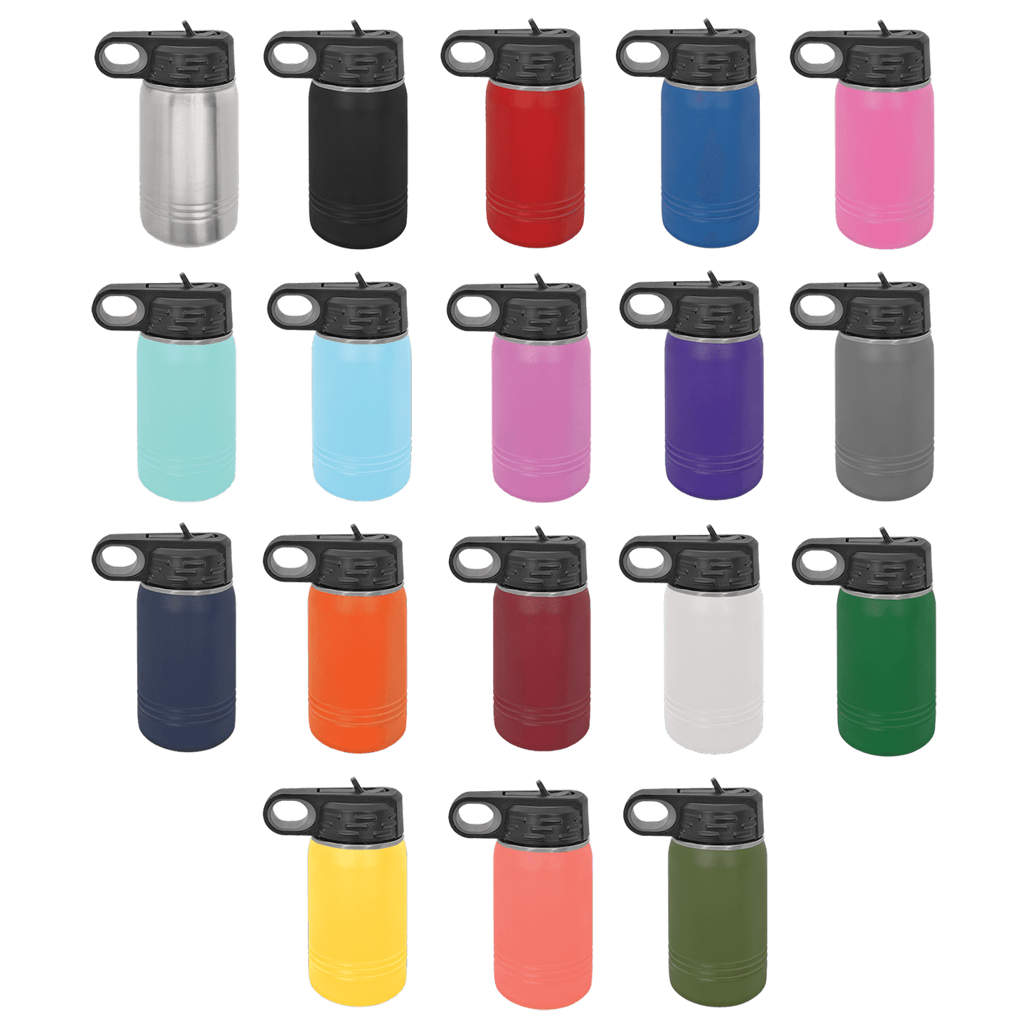 "Image featuring a collection of custom personalized Polar Camel 12oz stainless steel kids' water bottles in a variety of vibrant colors. Each bottle is designed with a spill-resistant black lid, a built-in carrying loop, and durable double-wall insulation to keep beverages at the perfect temperature."