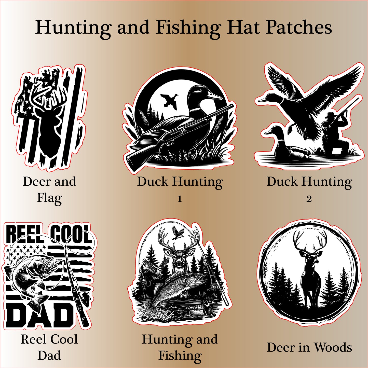 Leatherette hunting and fishing hat patches featuring deer, ducks, Reel Cool Dad bass fishing, and outdoor wildlife scenes. Ideal for personalized trucker hats and custom outdoor-themed headwear for hunters and anglers.