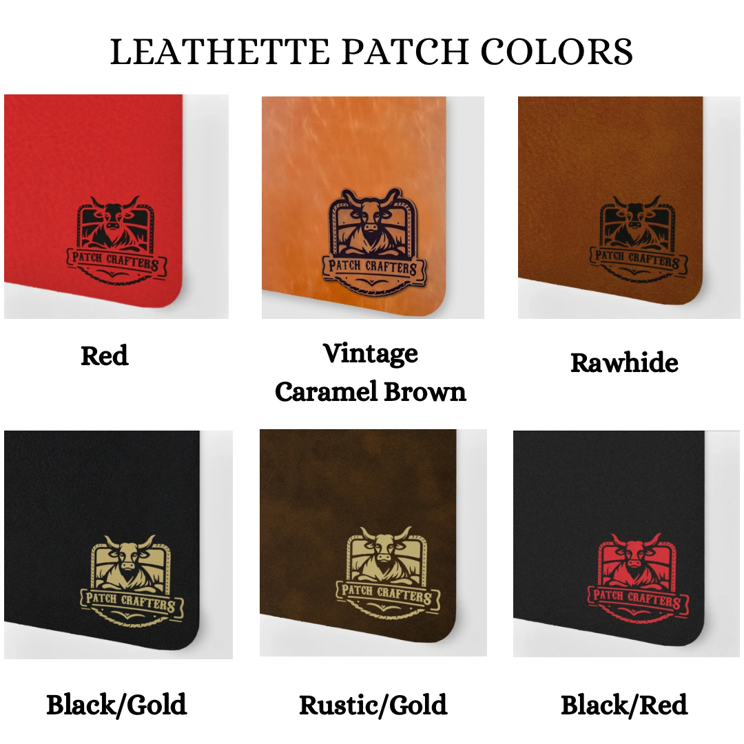 Leatherette patch color chart showing six color options with engraved 'Patch Crafters' logo: Red, Vintage Caramel Brown, Rawhide, Black/Gold, Rustic/Gold, and Black/Red. Each sample features a corner-rounded rectangle patch with engraved details.