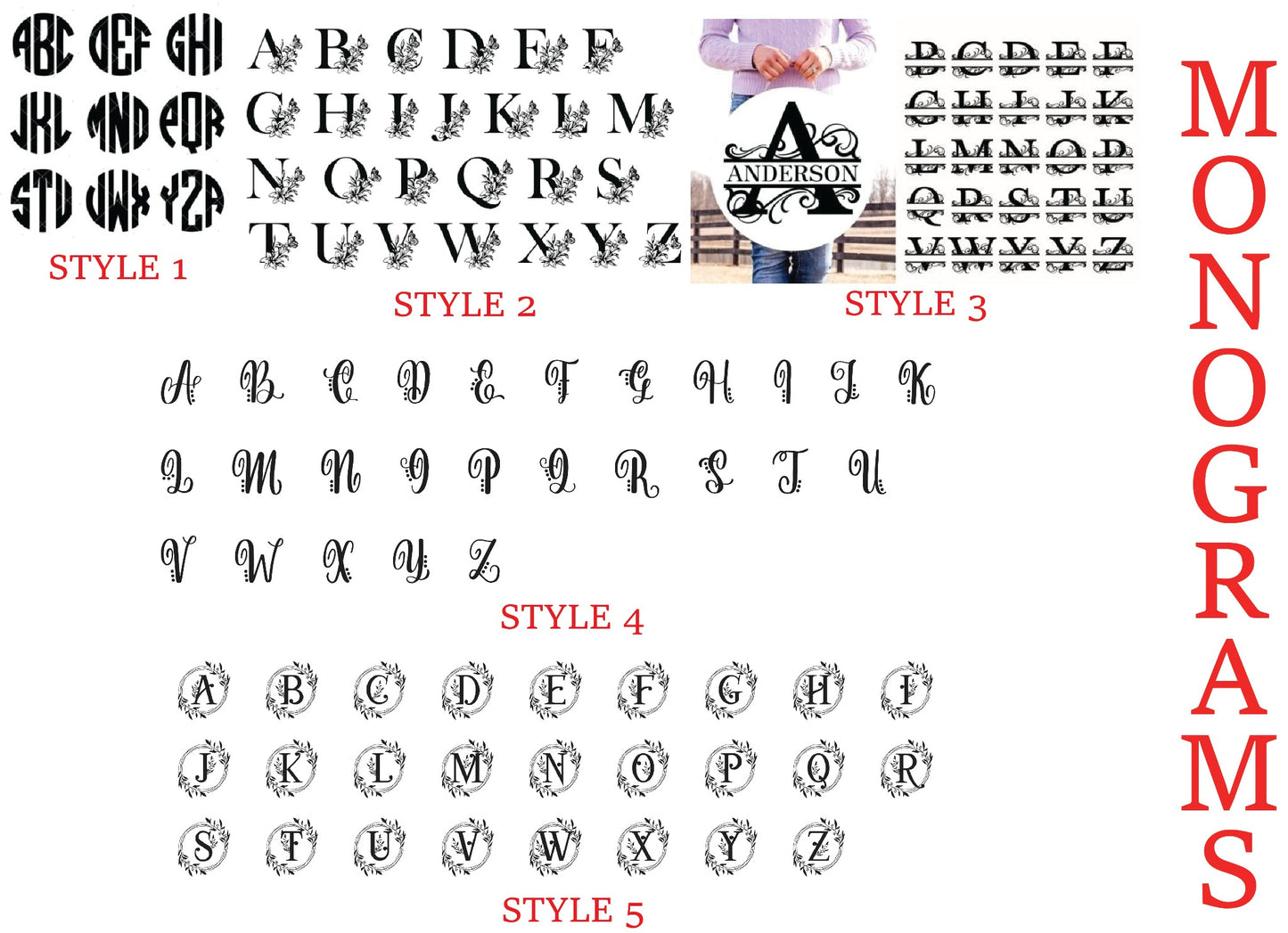 MOON AND SKYE CREATIONS LLC showcases monogram Styles 1-5, featuring artistic alphabet fonts. The image features a person holding a monogrammed letter A alongside the word Monograms in vertical red, perfect for personalizing MOON AND SKYE CREATIONS LLCs customizable charcuterie boards.