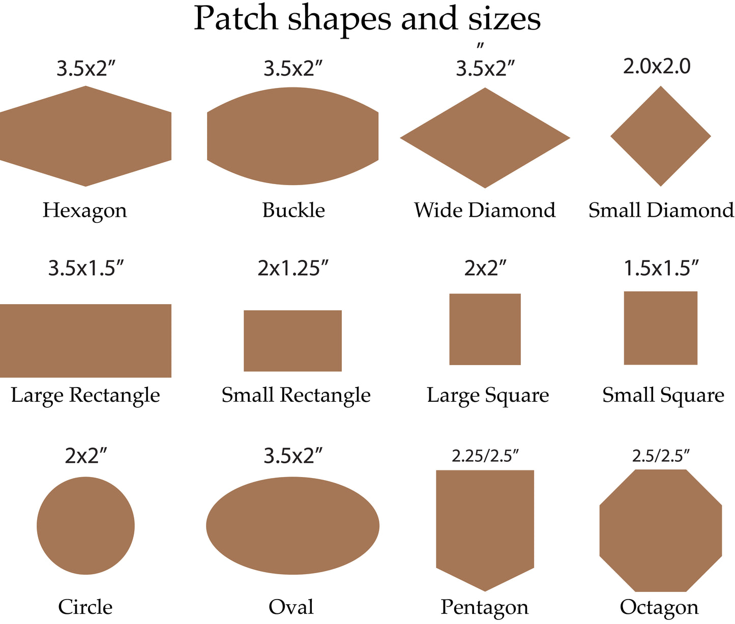 Brown leather patch shape and size chart showing 13 options including hexagon, buckle, wide diamond, small diamond, large and small rectangles, large and small squares, circle, oval, pentagon, and octagon, with dimensions labeled for each.