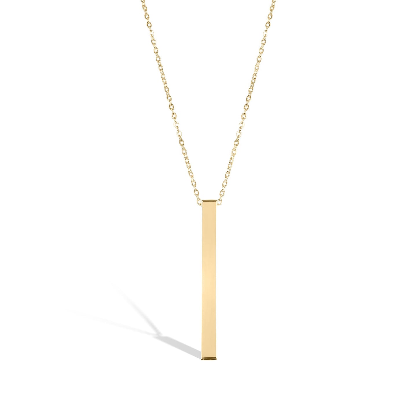 "Elegant gold vertical bar necklace with a minimalist design, perfect for personalization with engraved names, initials, or meaningful messages. A timeless and stylish jewelry piece for everyday wear or special occasions."