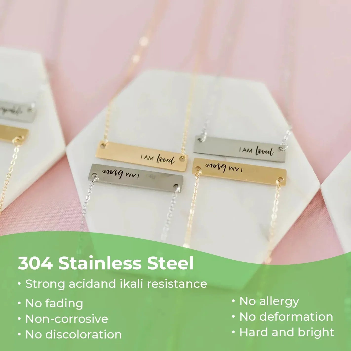 "Specifications of horizontal bar necklaces: Made from 304 stainless steel, offering strong acid and alkali resistance, no fading, non-corrosive properties, no discoloration, hypoallergenic design, no deformation, and a hard, bright finish—ideal for lasting durability and personalized engraving."