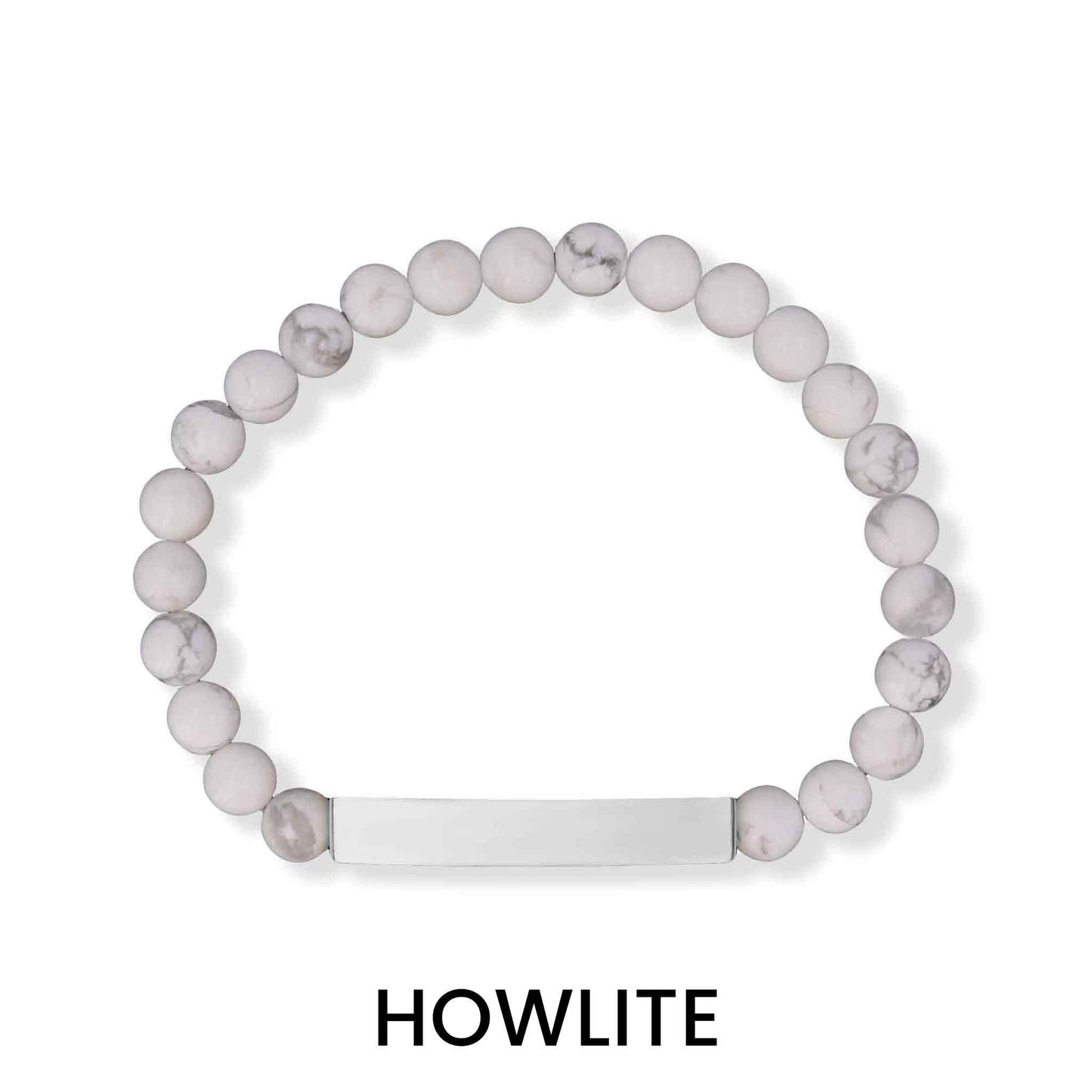 "Elegant Howlite bracelet by Moon and Skye Creations, showcasing serene white marbled stones paired with a refined silver bar, perfect for customization. A timeless and sophisticated accessory designed for personalization and everyday wear."