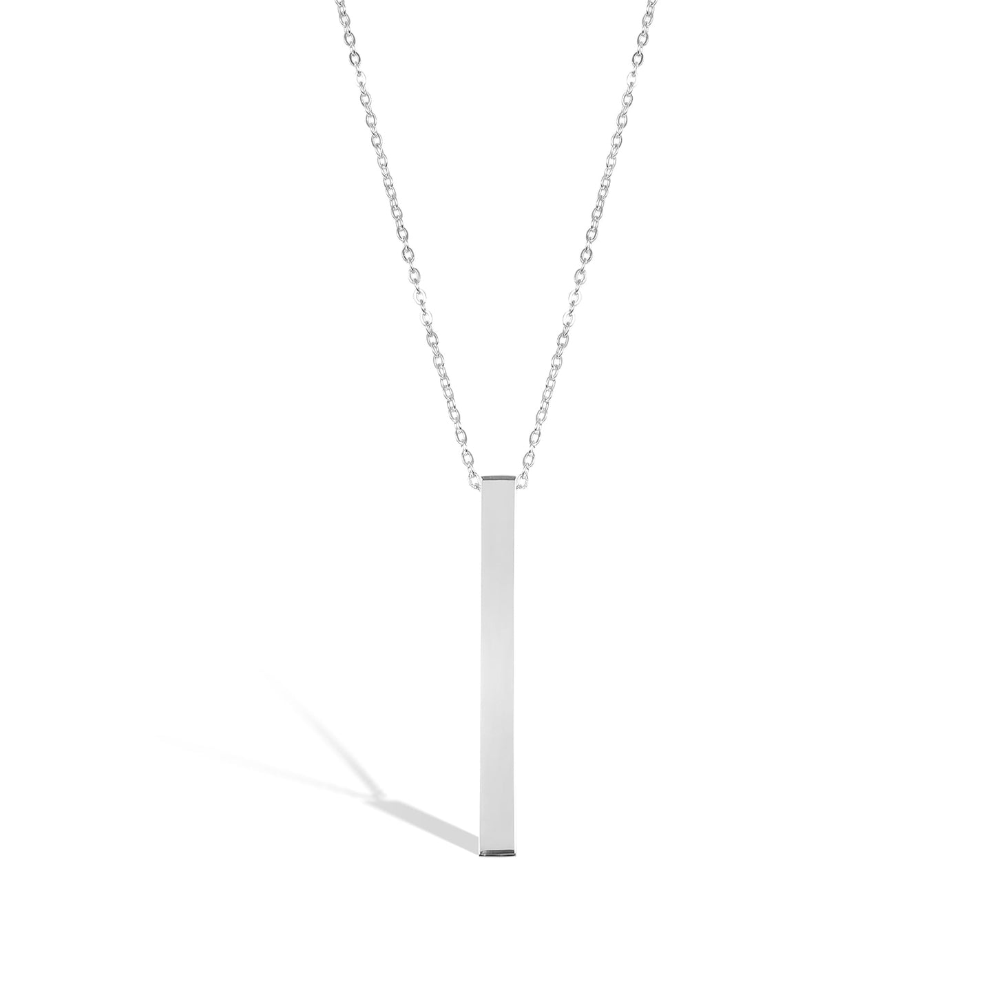 "Sleek silver vertical bar necklace with a modern and minimalist design, ideal for custom engraving of names, coordinates, or meaningful words. A timeless and personal jewelry piece for any occasion."
