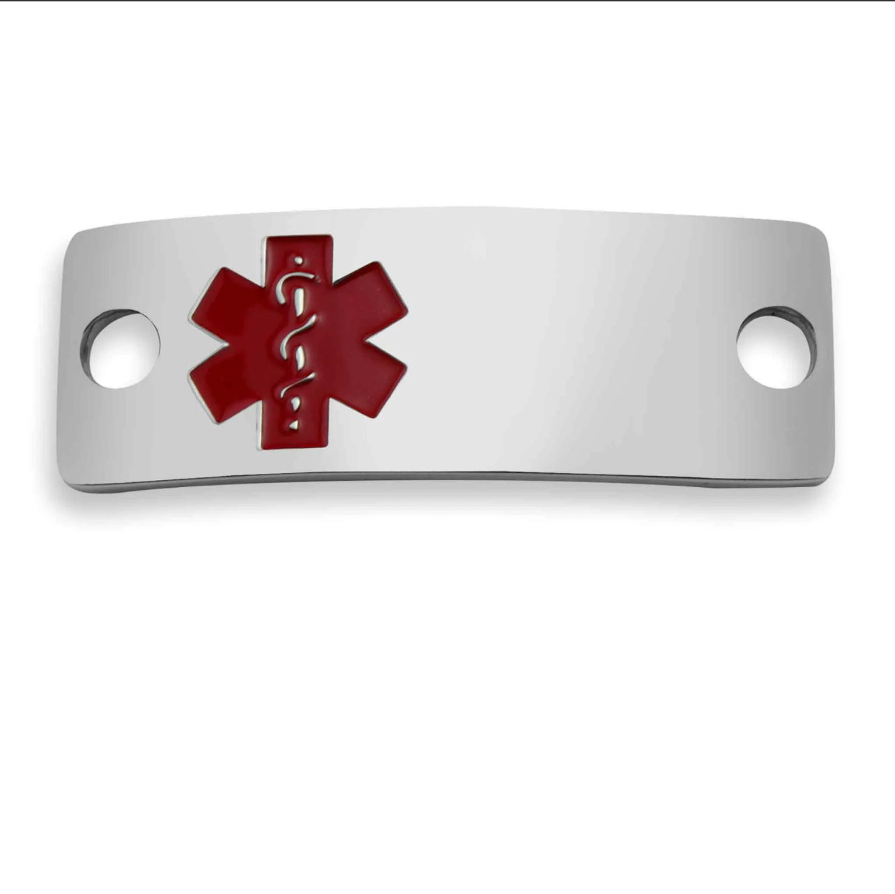 "Moon and Skye Creations stainless steel medical alert bracelet tag featuring a red Star of Life symbol. Designed for safety and personalization, perfect for engraving essential medical information."