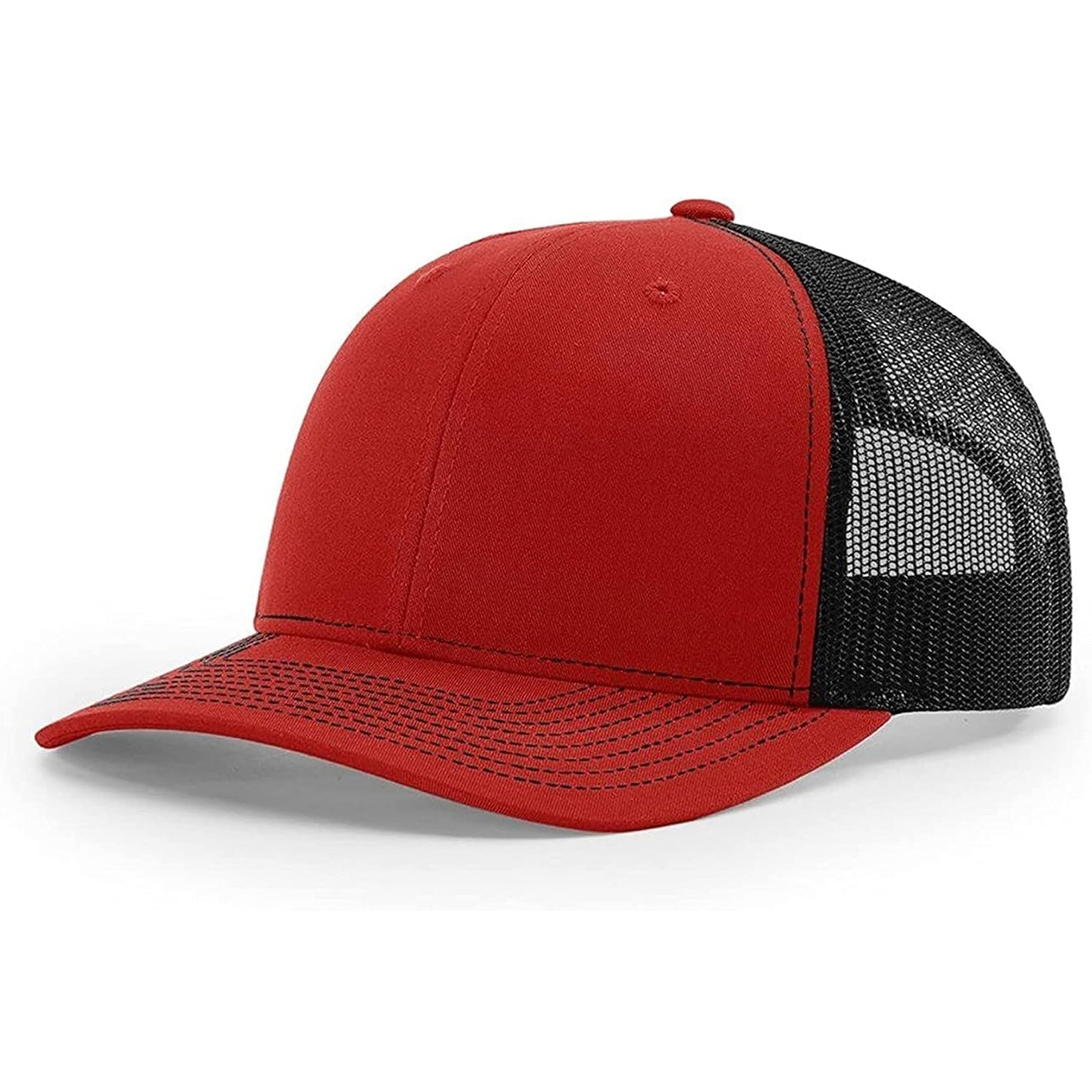 Red and black trucker hat with a structured front panel and black mesh back, featuring a curved bill and visible black stitching on the brim and crown.