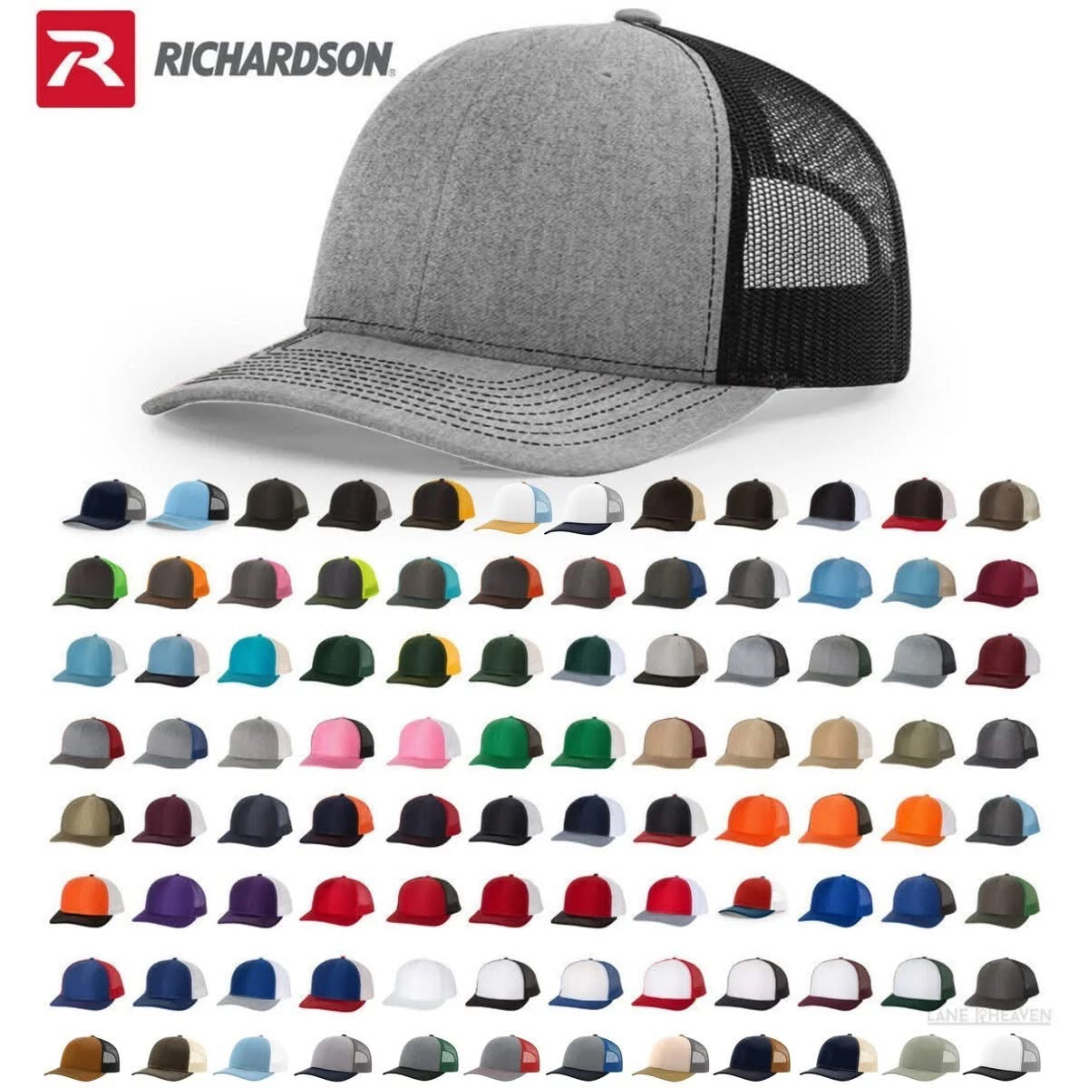 Display of Richardson 112 trucker hats in a wide variety of color combinations. A large gray and black hat is featured at the top, with dozens of smaller hats in different colors and mesh back options shown below, showcasing the full range of available styles.