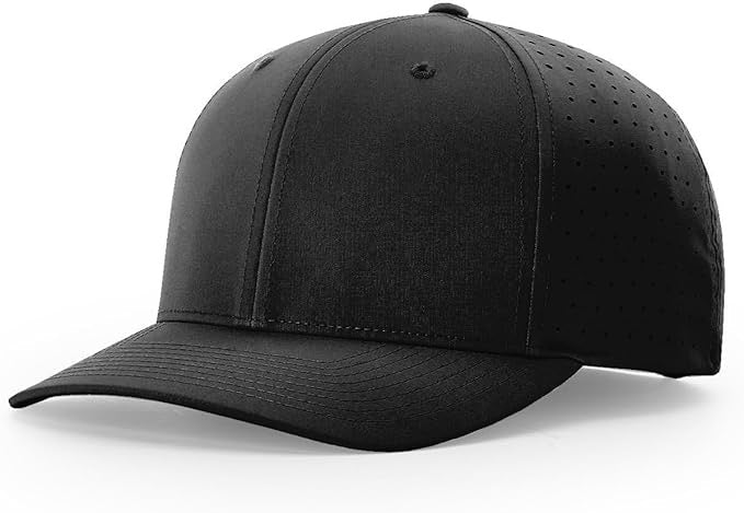 Richardson laser perforated black snapback hat with curved bill and breathable side panels, perfect for custom leather patch branding.