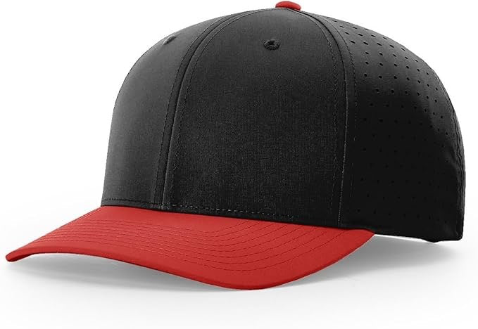 Richardson laser perforated snapback hat with black crown, red curved bill, and breathable side panels, perfect for custom leather patch customization.