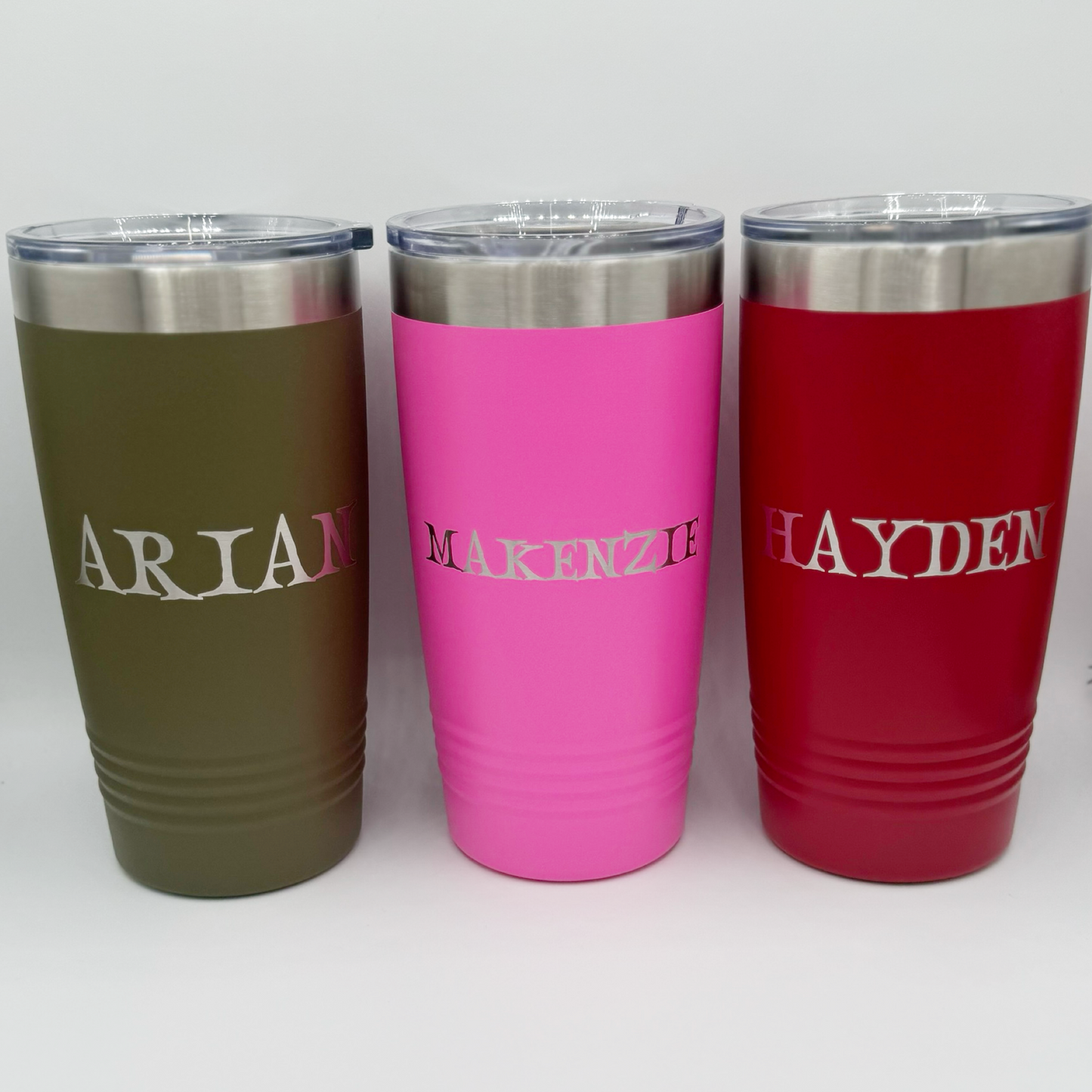 Personalized Laser engraved 20oz powder coated stainless steel tumbler with slide lid.