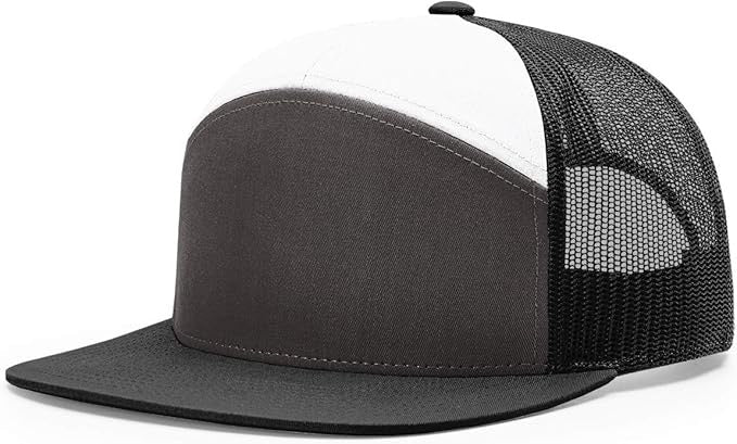 Richardson 168 7-panel trucker hat with charcoal front, white top panel, black mesh back, and flat bill, perfect for custom leather patch application.