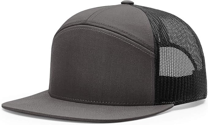 Richardson 168 7-panel trucker hat in charcoal gray with black mesh back and flat bill, ideal for custom leather patch personalization.