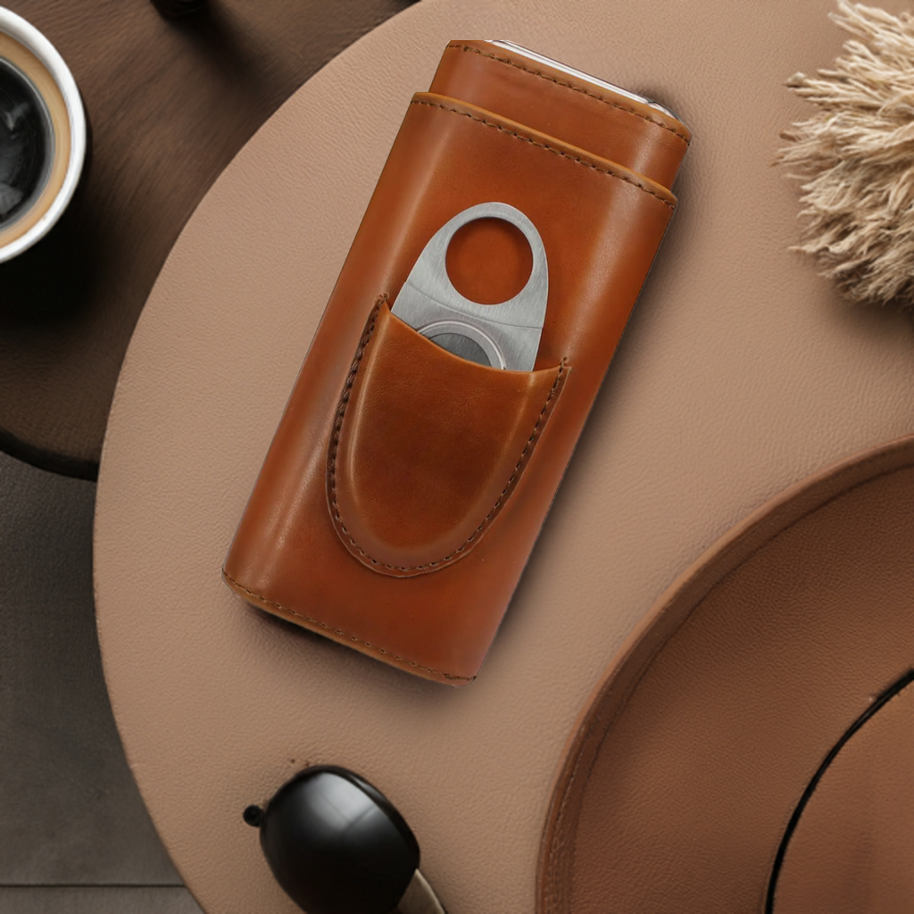 "Exquisitely handcrafted leather cigar case by Moon and Skye Creations, featuring a dedicated stainless steel cutter pocket. Designed for the sophisticated aficionado, this premium case blends luxury and practicality with fine craftsmanship and elegant design."