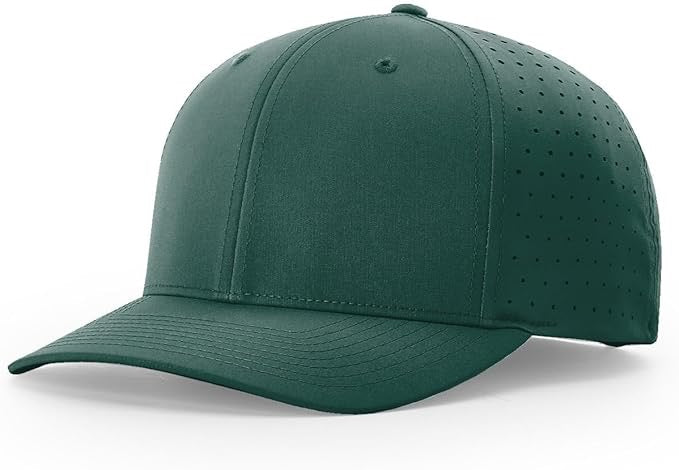 ichardson laser perforated snapback hat in dark green with curved bill and breathable side panels, perfect for custom leather patch personalization.