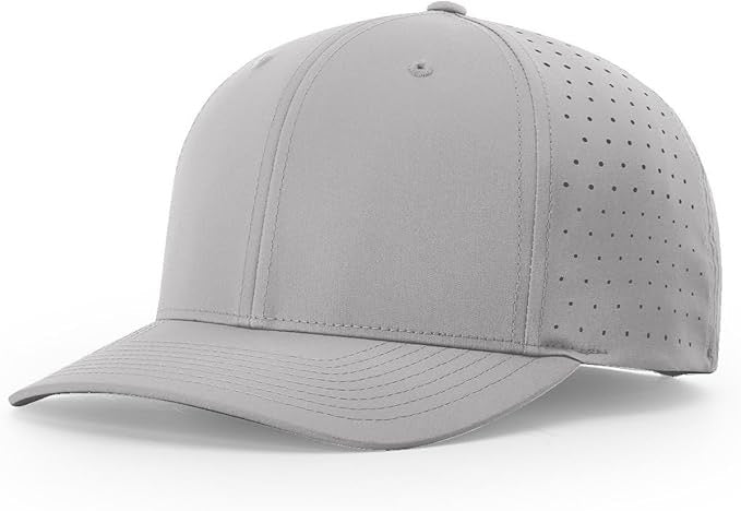 Richardson laser perforated snapback hat in light gray with curved bill and ventilated side panels, ideal for custom leather patch branding.