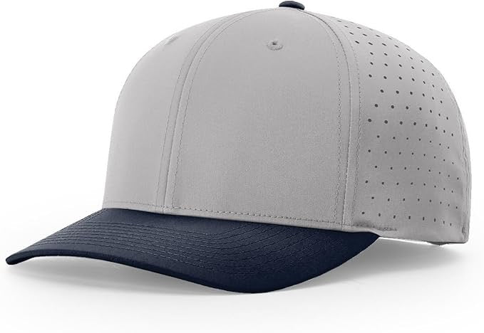 ichardson laser perforated snapback hat with light gray crown, navy curved bill, and breathable side panels, perfect for custom leather patch personalization.