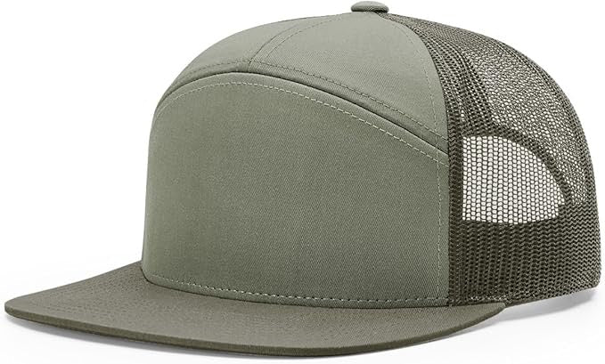 Richardson 168 7-panel trucker hat in loden green with matching loden mesh back and flat bill, ideal for custom leather patch personalization.