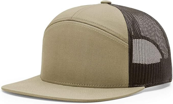 Richardson 168 7-panel trucker hat in pale khaki with brown mesh back and flat bill, ideal for custom leather patch personalization.