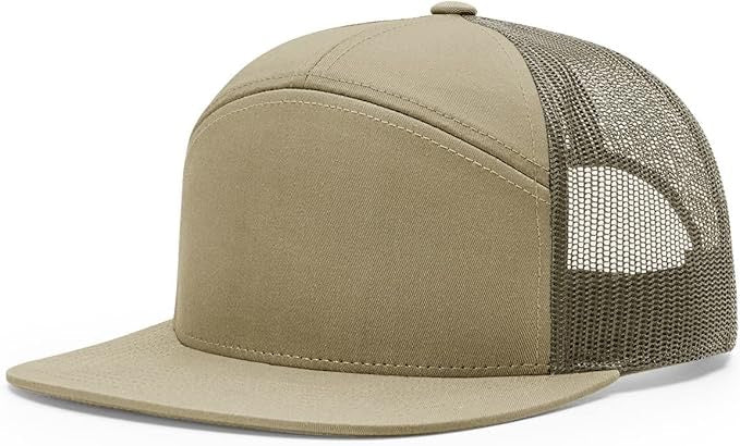 Richardson 168 7-panel trucker hat in pale khaki with loden green mesh back and flat bill, perfect for custom leather patch design.