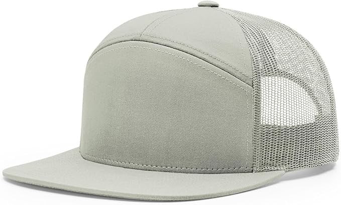 Richardson 168 7-panel trucker hat in light gray with matching mesh back and flat bill, ideal for custom leather patch personalization.