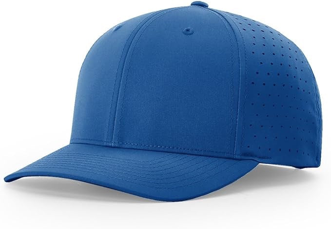 Richardson laser perforated snapback hat in royal blue with curved bill and ventilated side panels, perfect for custom leather patch personalization.