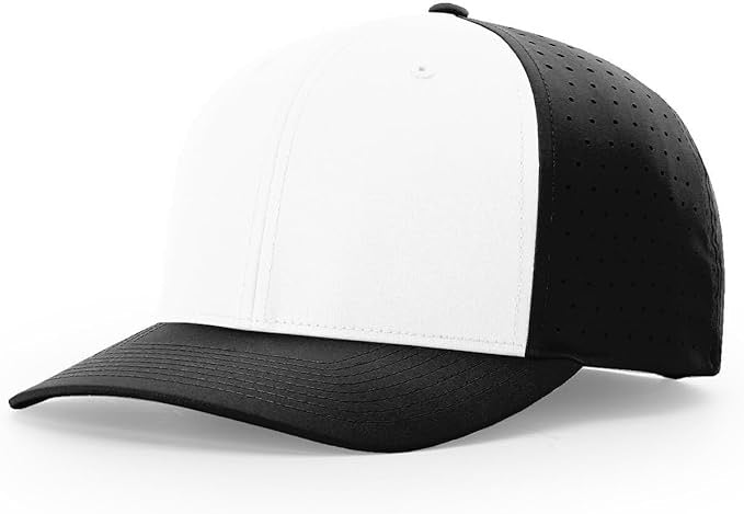 Richardson laser perforated snapback hat with white front panel, black curved bill and mesh back, perfect for custom leather patch branding.